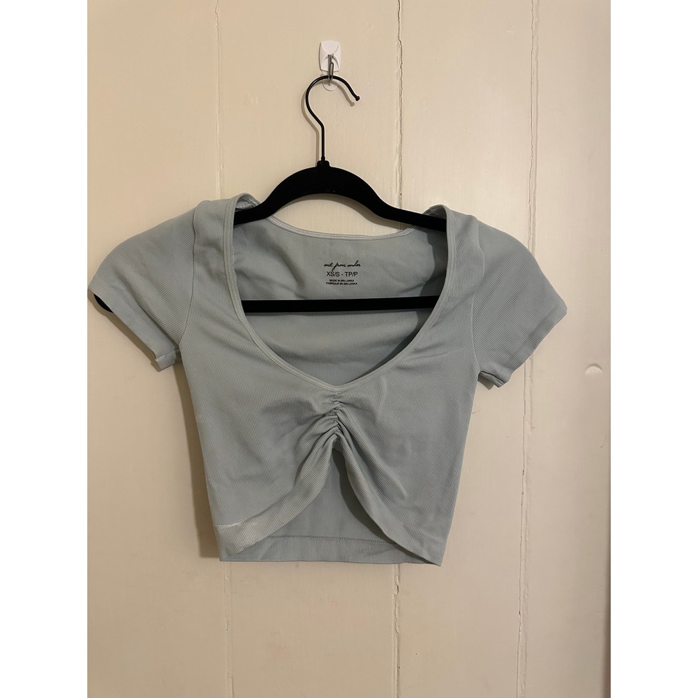 Out From Under Ruched Cropped Top Short Sleeve Scoop Neck Light Blue XXS‎ TP P
